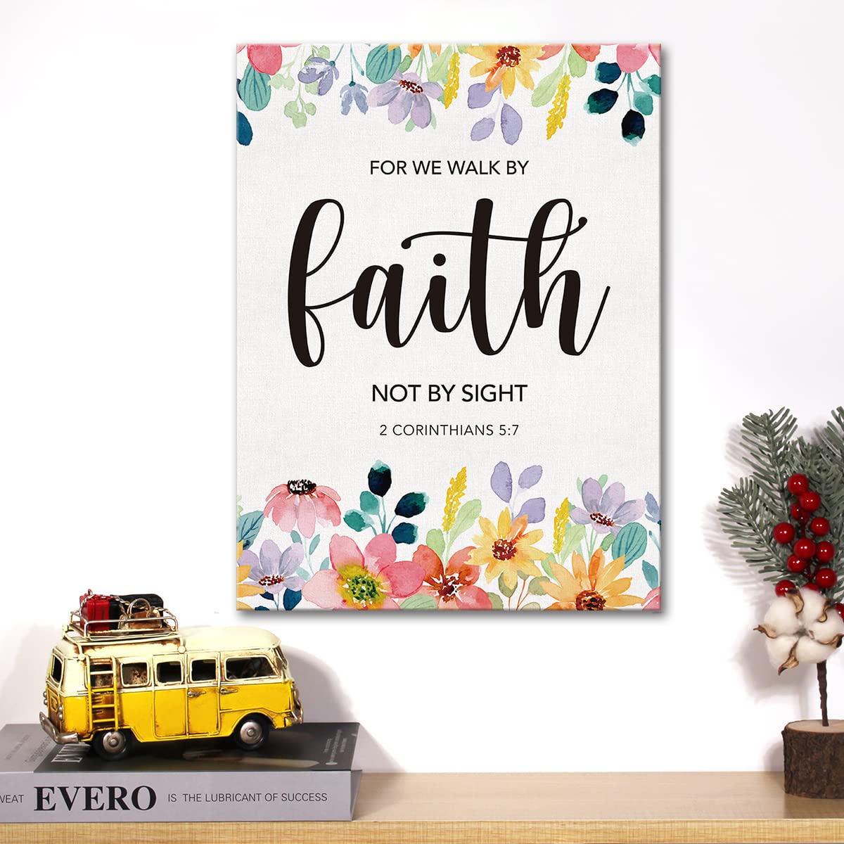 Christian Canvas Wall Art Motivational For We Walk By Faith Not By Sight Canvas Print Floral Scripture Bible Verse Painting Home